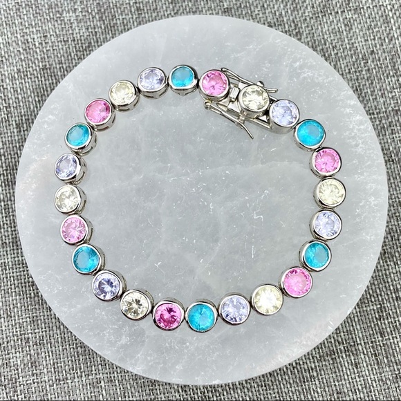 Sterling Silver Rock Candy Crystal Tennis Bracelet Pastel Colorful Bright - Picture 1 of 9